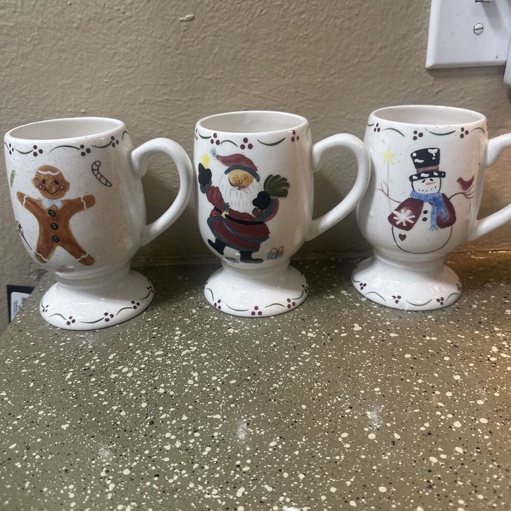 Set‎ of 3 Christmas Mugs Gingerbread Santa Snowman Footed Ceramic Cups